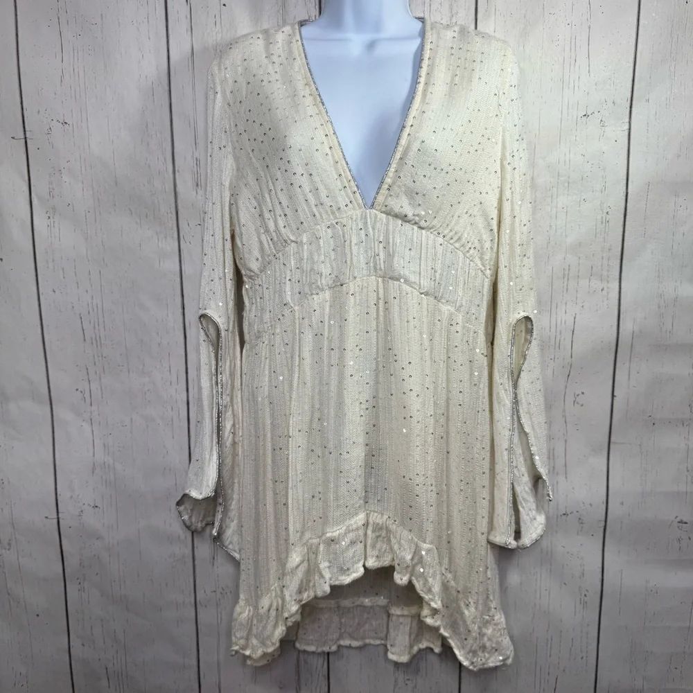 Sundress Ivory Sequin Ruffle Tunic Mini Dress Resort Glam Boho Coastal Cowgirl